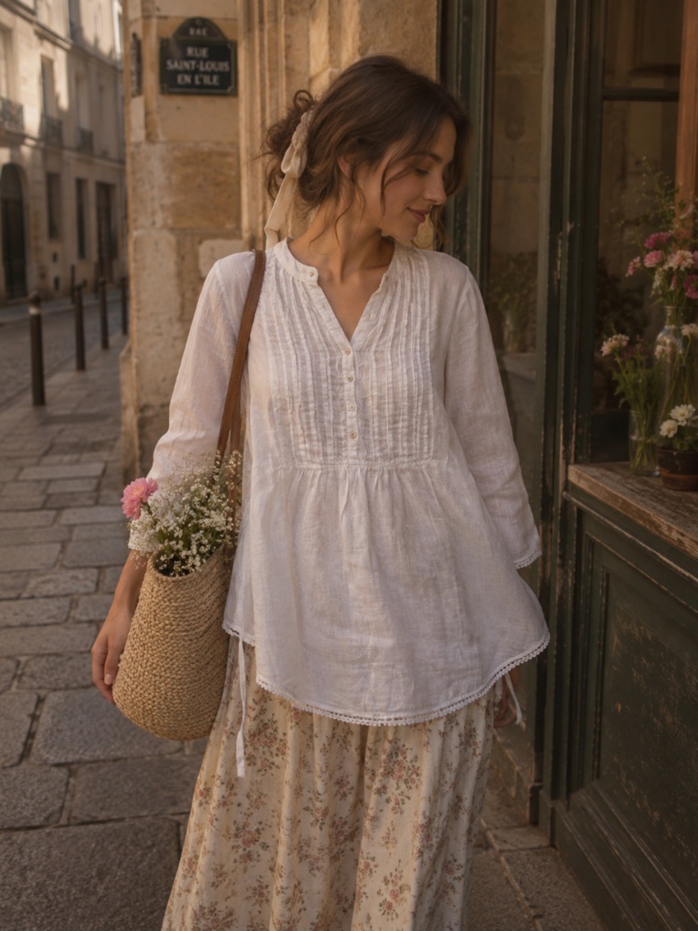 Calypso St. Barth Pleated Linen Blouse Cottage Parisian Euro Summer Coastal